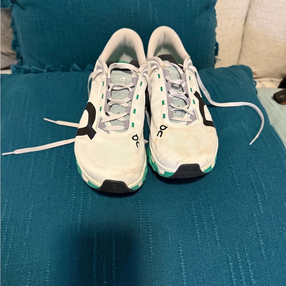 On Running White and Green Athletic Shoes with Cushioned Comfort